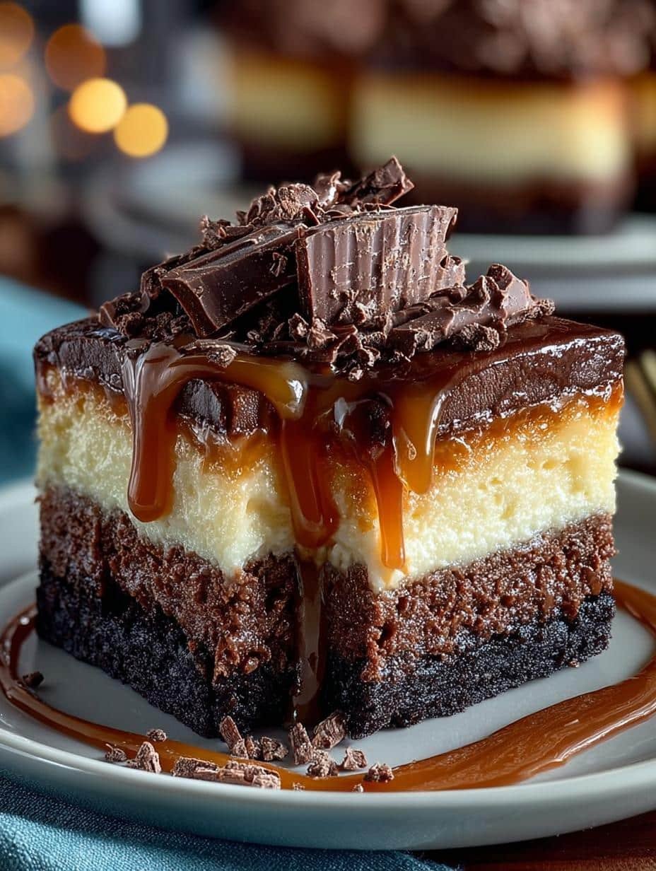 Decadent Caramel Brownie Cheesecake: 3 Layers of Bliss - Decadent Caramel Brownie Cheesecake - main visual representation